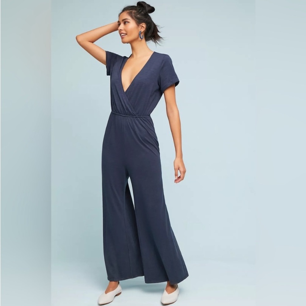 Anthropologie Saturday Sunday Elmira Navy Blue Wide Leg Jumpsuit Size XS